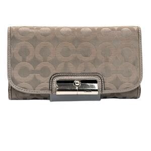 Coach Signature Logo Jacquard Leather Trifold Wallet Taupe Monogram Logo 5x8